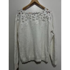 EN Crème Cream Pull Over Long Sleeve Sweater Size M/L Lace Detail Boho Granny